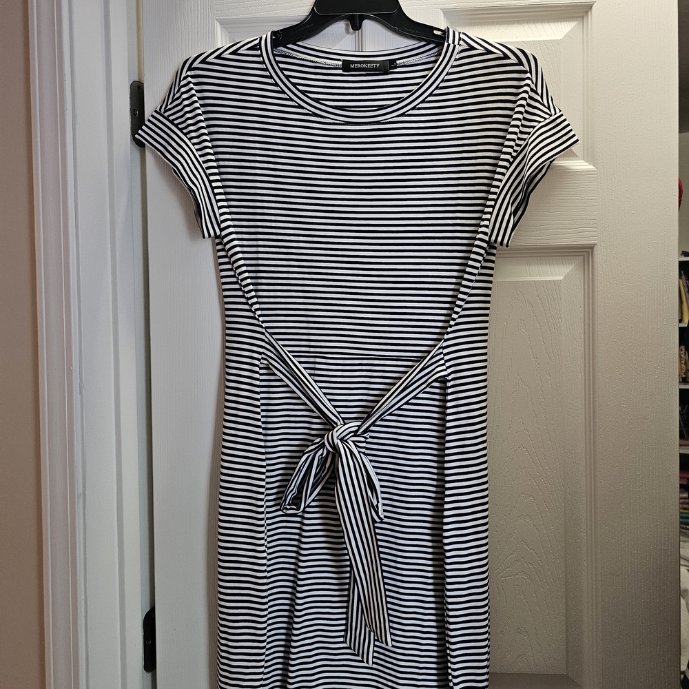 Navy and White Stripe Tie Front Mini Dress